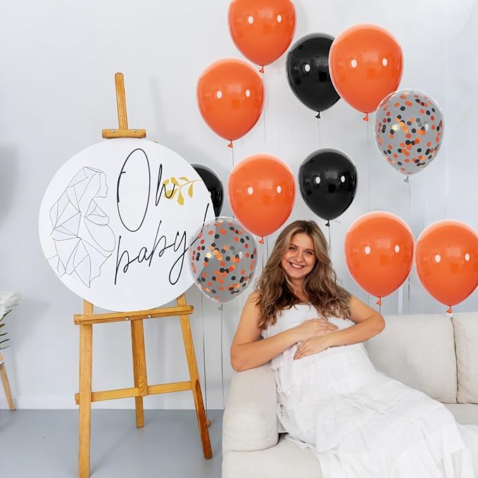 68Pcs Black and Orange Balloons, 12 inch Orange Black Latex Balloon Set with Confetti Ribbons Reusable, Fade-Resistant for Halloween, Graduation Spooky Party Decorations.