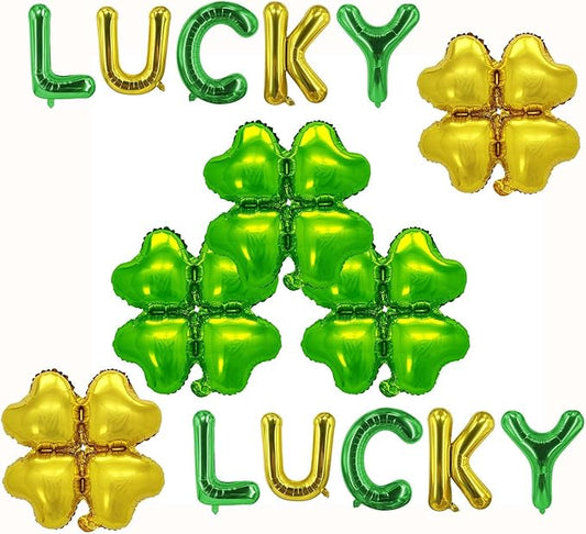 Four-leaf Balloons Green Gold Lucky Foil Balloon Letter St. Patrick's Day Balloons for Lucky Themed Party Decoration Supplies Clover Birthday Decor Ballons Arch Kits Party Balloon Set 15pcs