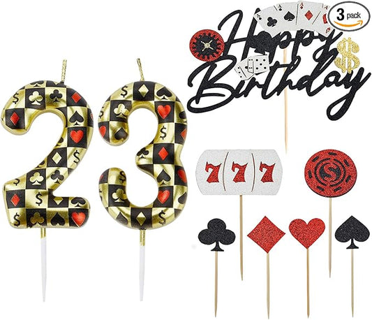 Casino Birthday Number Candles for Cake, Poker Birthday Candles for Casino Themed Birthday Party Decoration, Glitter Casino Birthday Cake Topper for Casino Night Theme Birthday Cake(Number 23 & 32)