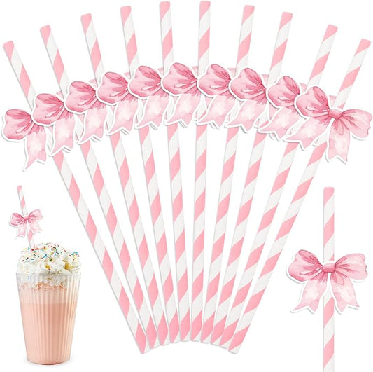 Whaline 60Pcs Pink Bow Paper Straws Tying the Knot Bride Bach Decor Coquette Pink White Striped Disposable Drinking Straw for Birthday Bridal Shower Wedding Bachelorette Party Supplies