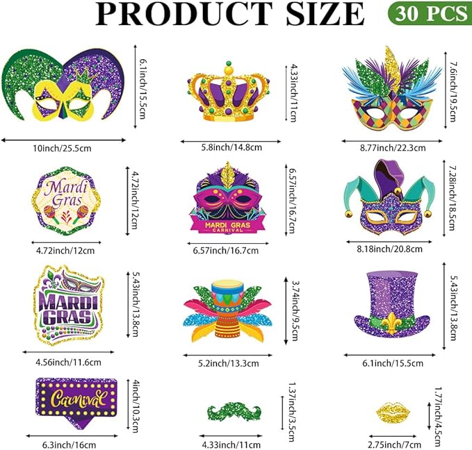 30 Pcs Mardi Gras Photo Booth Props Kit,Carnival Masquerade Fat Tuesday,New Orleands Decorations,Cosplay Photo Shoot Gold Purple Masks Bougie Party Supplies