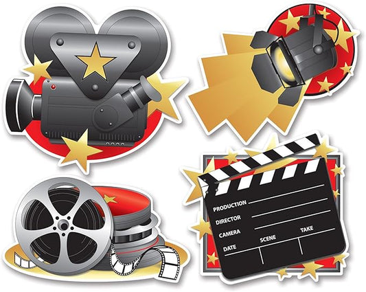 Beistle Movie Set Cutouts – 4-Pack Double-Sided Hollywood Film Decorations – Camera Clapboard Spotlight Reel Props for Theater Party or Awards Night Supplies – 14¾"–16½"
