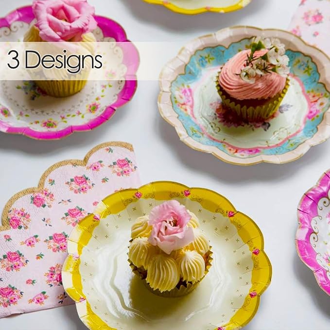 Talking Tables 24 x 7" Vintage Floral Paper Plates for Mothers Day, Tea Party, Scalloped Floral Disposable Plates for Garden Party, Birthday, Bridal Shower, Bachelorette Tableware