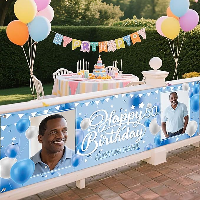 Dicodes Personalized Happy Birthday Banner with Name Custom Photos Birthday Photography Background Decorations Party Supplies for Women Men (Blue and White-2 Photo)