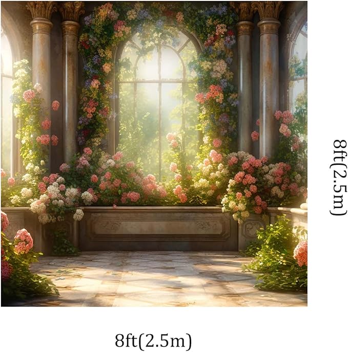Kate 8x8ft Spring Pink Flowers Scenic Photography Backdrops Garden Pavilion Sunshine Floral Wall Photo Background Wedding Girls Birthday Party Backdrop Shooting