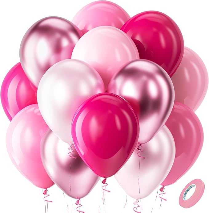 Bezente Pink Balloons Set,60pcs 12 inch Metallic Pearl Pink, Hot & Pastel Pink Latex Balloons Kit for Birthday,Wedding,Baby Shower,Princess Theme Party Decorations