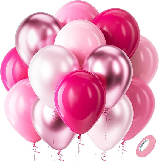 Bezente Pink Balloons Set,60pcs 12 inch Metallic Pearl Pink, Hot & Pastel Pink Latex Balloons Kit for Birthday,Wedding,Baby Shower,Princess Theme Party Decorations