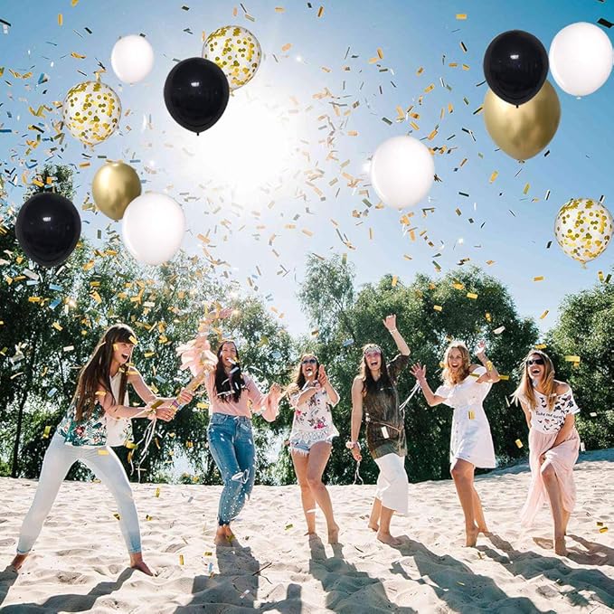 Black and Gold Confetti Balloons, 50 Pack 12inch White Latex Party Balloon Set with Gold Ribbon for New Year Graduation Birthday Baby Shower Decorations