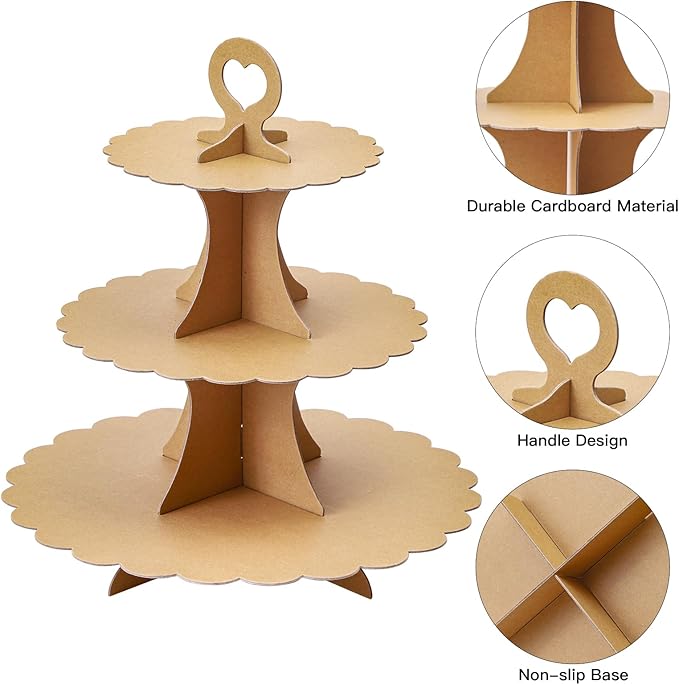 Soleebee 3-Tier Cupcake Stand, Cardboard Cupcake Tower, Dessert Cup Cake Stand Tower for Birthday Wedding Party Decoration, Cupcake Tier Stand 2 Set (Brown)