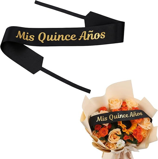 Set of 12 Bouquet Banner Grosgrain Ribbon Tie Wrap Printed Sash Florist Bulk Supply for Floral Arrangements (BLACK - MIS QUINCE ANOS)
