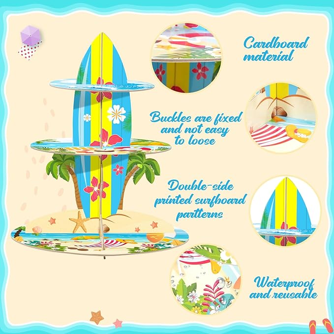 3-Tier Cupcake Stand for Beach Party Decorations - Multi-Colored Tropical Luau Pool Party Supplies, Hawaiian Themed Birthday Cake Stand for Baby Shower Wedding Decorations