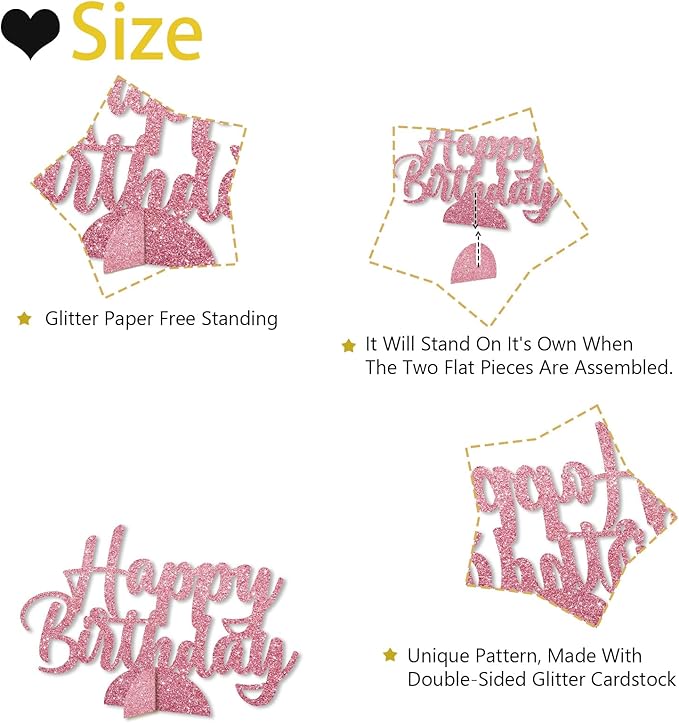 Happy Birthday Table Centerpiece, Pink Glitter Birthday Party Paper Free Standing for Women Men, HBD Script Table Centerpiece for Bday Party Supplies