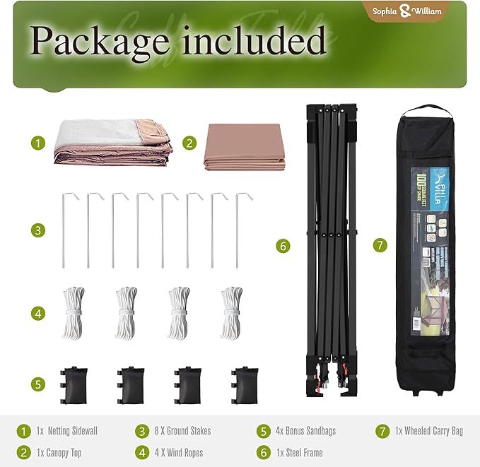 Sophia & William Canopy Tent Pop Up 10x10 ft, Outdoor Patio Portable Commercial Canopies Shelter with Screen Mesh, Roller Bag, 8 Stakes, 4 Guy Ropes, UPF50+ (Brown)