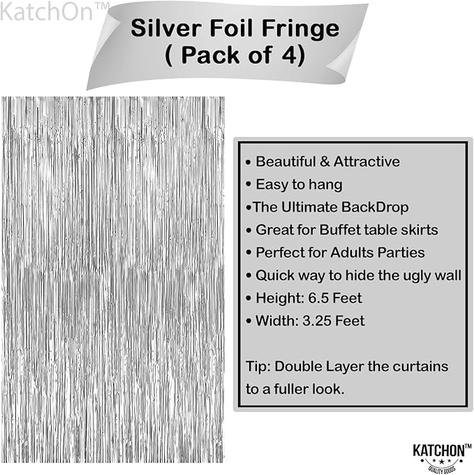 KatchOn, XtraLarge Silver Backdrop Curtain - Pack of 4 | Streamers Backdrop for Disco Party Decorations, Silver Foil Fringe for Bachellorette, Anniversary, Graduation Decorations 2026