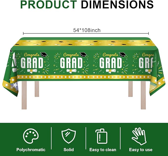 8 Pack Graduation Plastic Tablecloth 54" x 108" Disposable Table Cloths for 6 to 8 Foot Tables Cover for Class of 2026 Parties Decorations Supplies (Graduation Green Gold, Rectangle)