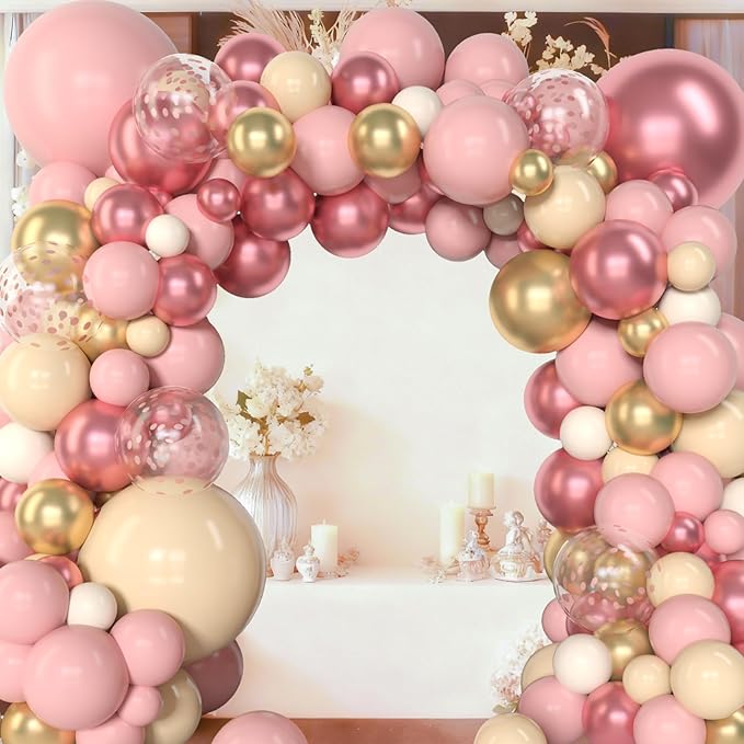 Amandir 153Pcs Boho Blush Balloon Arch Garland Kit, Different Sizes 18 12 10 5inch Nude Cream Peach Dusty Rose Pink Gold Confetti Balloon for Mothers Day Baby Shower Birthday Party Wedding Decorations