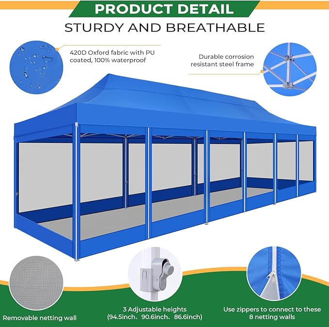COBIZI 10x30 Heavy Duty Pop Up Canopy with 8 Mosquito Netting Wall, Easy Set Up Commercial Gazebo Party Tent, Outdoor Instant Screen Canopy for Backyard, Patio, Garden, Blue