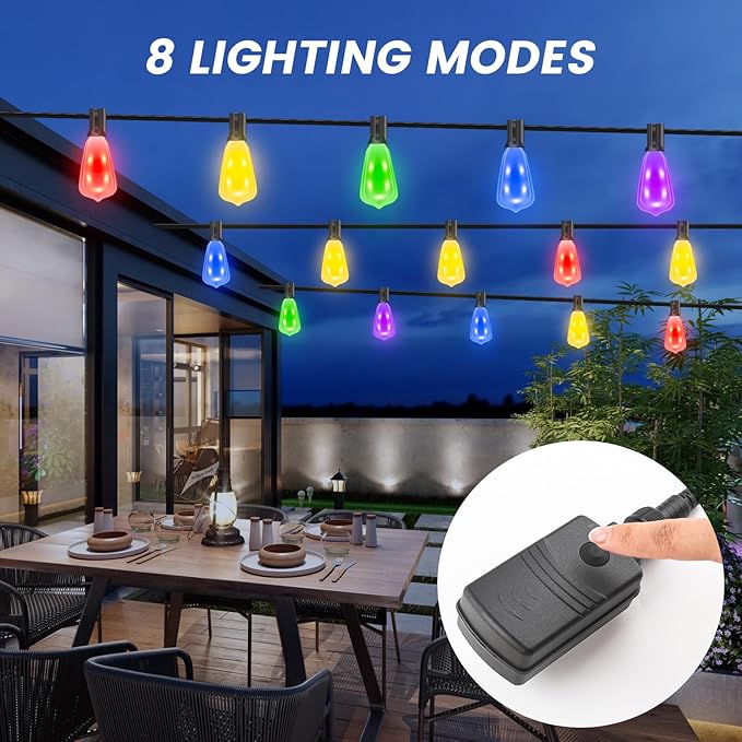 Auroraworld 100FT Outdoor String Lights with 50 LED Bulbs, Dimmable, RGB Color-Changing Patio Lights with Remote, Shatterproof, Waterproof for Yards, Parties, Weddings
