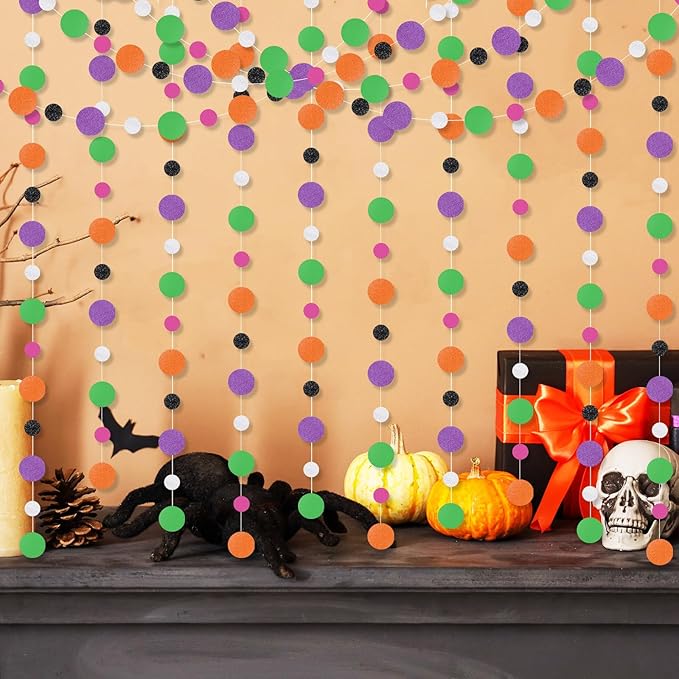 Outus 10 Pieces Orange,Black,Purple,Green,White Round Dots Garland Graduation Party Hanging Decor Each Length 13.1ft Glitter Paper Dot Streamers for Birthday Wedding Classroom Supplies