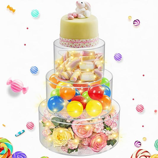 SAMYUCHO 3 Pcs Acrylic Cake Stand 6" Dx4 H 8" Dx4 H 10" Dx4 H with Led Lights for Party Wedding Cake Stand Tier Clear Cake Cupcake Display Centerpiece Floating Cup Cake Supports Stands for Stacking
