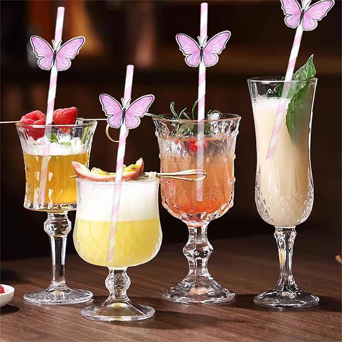 20pcs Butterfly Stripe Paper Straws Anti Wrinkle Straw Butterfly Floral Decor Disposable Party Straws Drinking Straws Set for Valentine's Day Brithday New Year Party Decoration Supplies
