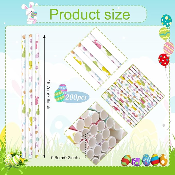 JarThenaAMCS 200Pcs Easter Paper Straws Easter Egg Bunny Drinking Straws Colorful Easter Party Disposable Straw for Holiday Birthday Party Supplies