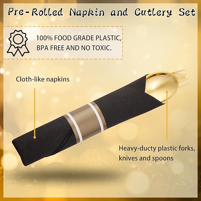 Supernal 60 Pack Pre Rolled Gold Plastic Silverware with Black Napkins - Heavy Duty Pre Wrapped Gold Cutlery Set Disposable - Elegant Plastic Forks, Spoons & Knives for Weddings, Parties, Catering