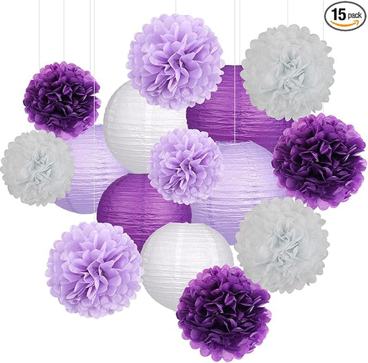 zilue Purple Party Decorations, Paper Lanterns and Pom Poms Flowers for Birthday Party Baby Shower Bachelorette Decor Purple Pack of 15 Pieces