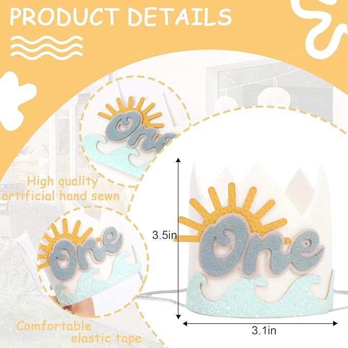 Summer 1st Birthday Decorations - Wave One Birthday Crown,Baby Beach Surfing Party Crown,The Big One Wave Cake Smash Photo Props,Summer Sun First Birthday Hat Outfit