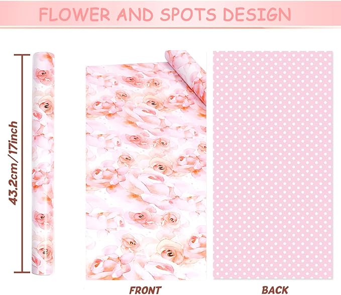 Pink Flower Wrapping Paper, Reversible Pink Wave Point Baby Girl Women Wrapping Paper Gift Wrap for Birthday, Valentines, Mothers day, Graduation, Wedding, Fathers day, Baby Shower (17in x 32.8ft)