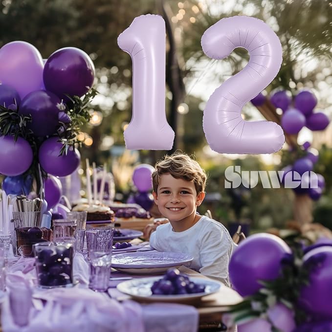 SUWEN 40 Inch Light Purple Large 12 Balloon Number Big Foil Helium Lavender Number Balloons Huge Mylar 0-9 Giant Jumbo Happy 12th Birthday Party Anniversary Decorations