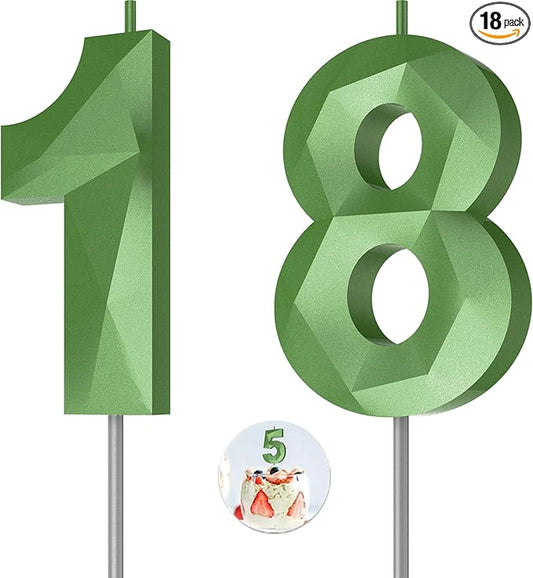Number Birthday Candles(18 Candle Green) 3D Diamond Shape Number Happy Birthday Cake Candles for Birthday Party Wedding Decoration Reunions Theme Party