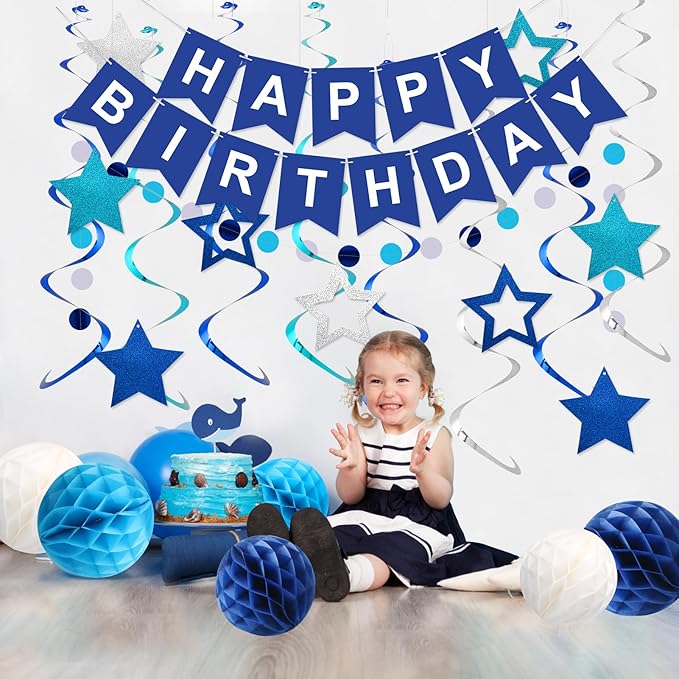 meowtastic Birthday Decorations, Happy Birthday Banner with Honeycomb Balls, Stars Hanging Swirl Streamers, Circle Dots Garland, Happy Birthday Party Decorations for Women Men Boys Girls (Blue)