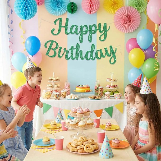 Glitter Happy Birthday Banner and Sign, Reusable Birthday Party Garland Wall Backdrop Banners, DIY Party Supplies Hanging Decorations for All Celebrations (Green)