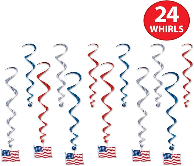 Beistle American Flag Whirls, Hanging Patriotic Stars and Stripes Decorations, Red, White & Blue Party Supplies for Fourth of July, Memorial Day