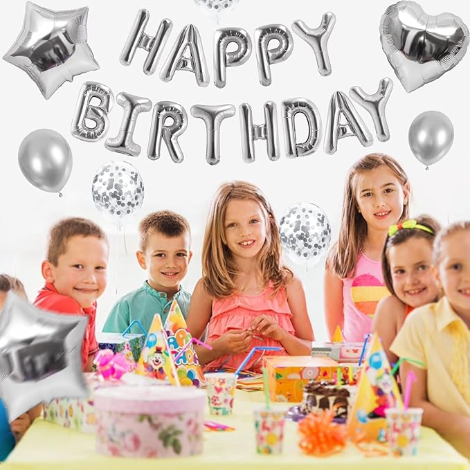 CANREVEL Happy Birthday Balloons Banner 16 Inch Mylar Foil Letters with Star & Heart Balloons Birthday Party Decorations for Men and Women - 30 Pcs Silver