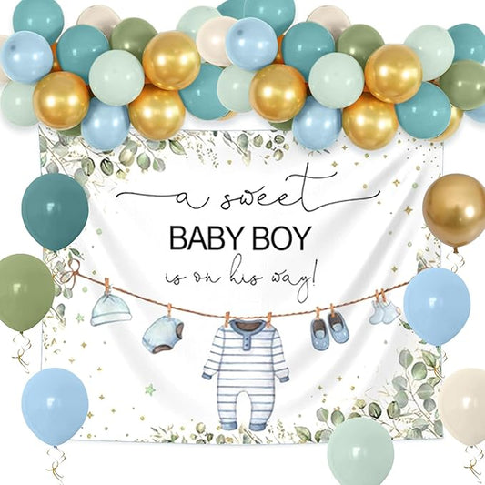 Greenery Baby Shower Decorations Boy A Sweet Baby Boy is On The Way Backdrop for Boy Birthday Party Decor Sage Green Balloons Oh Boy Baby Shower