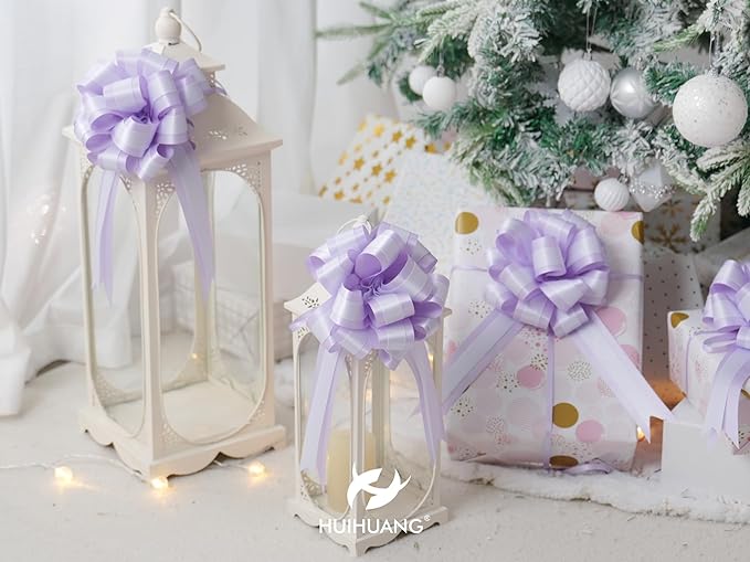 HUIHUANG Purple Bows for Gift Wrapping 6" x 10" Lilac and Purple Double Layer Satin Pull Bows 12 PCS Gift Bow for Presents, Easter Gift Basket, Gift Box, Birthday Wedding Party Decor