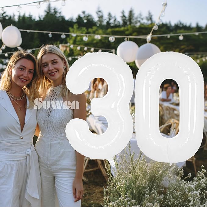 SUWEN 40 Inch White Large 30 Balloon Numbers Big Foil Helium Number Balloons 0-9 Giant Jumbo Happy 30th Birthday Party Decorations for Men or Women Huge Mylar Anniversary Party Supplies