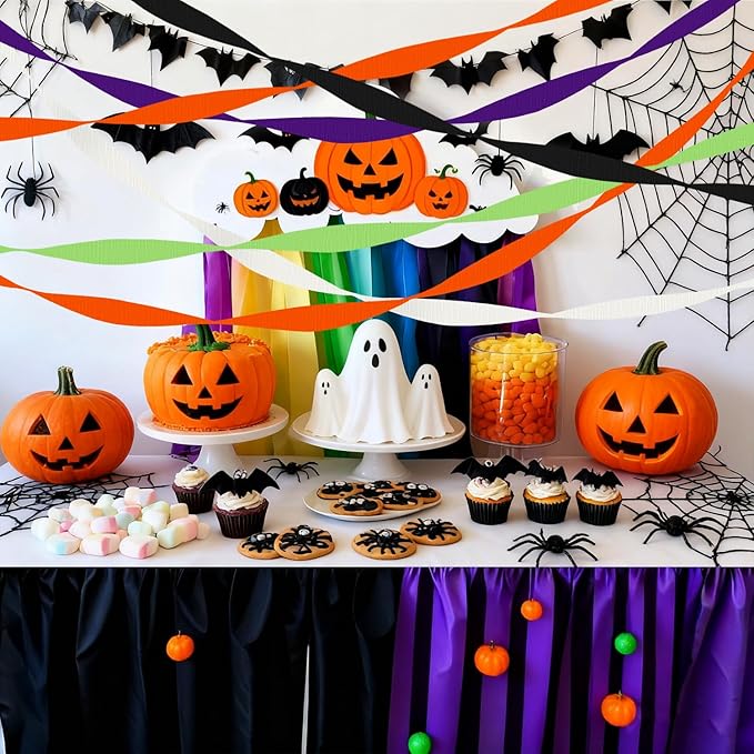 6 Crepe Paper Streamers Rolls, 492ft Black Orange Purple Green and White Streamers Party Supplies for Halloween Theme Horror Party Birthday Wedding Backdrop Decorations (1.8 inch x 82 ft/Roll)