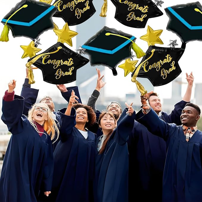 Pensar 6Pcs Graduation Cap Balloons Congrats Grad Hat Foil Balloons for Graduation Decorations, Class of 2026 Party Decor, College High School Grad Party Supplies