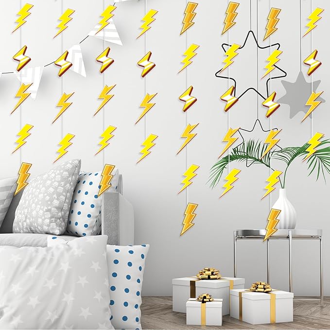 Lighting Bolt Hanging Banners Decorations - 8PCS Lightning Birthday Party Hanging Garland Decoration Gold Flash Decor for Baby Showers Decor Supplies