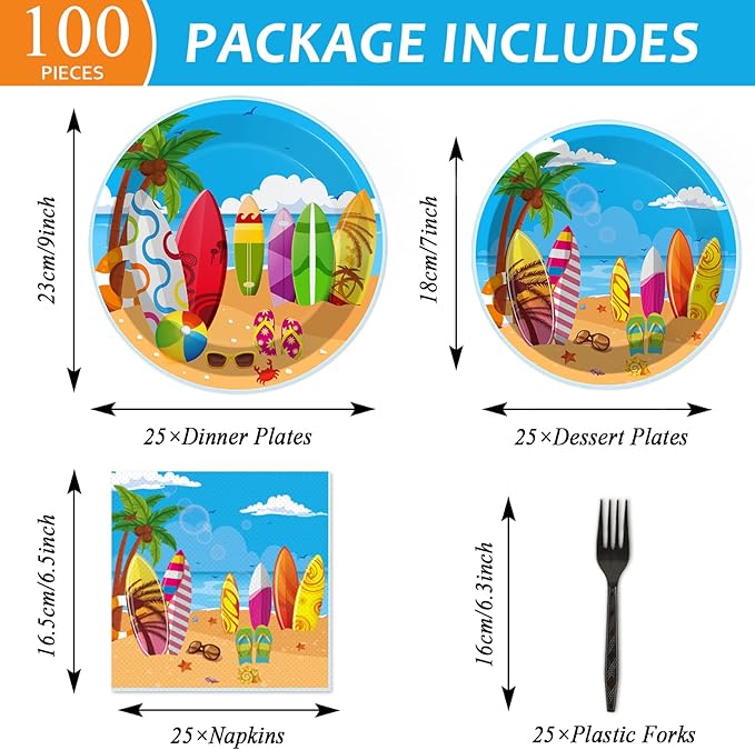 100 Pcs Summer Beach Surfing Party Paper Plates Napkins Supplies for Pool Surfs up Surfboard Theme Birthday Party Decorations Luau Bbq Picnic favors Disposable Dinnerware Plate Serves 25