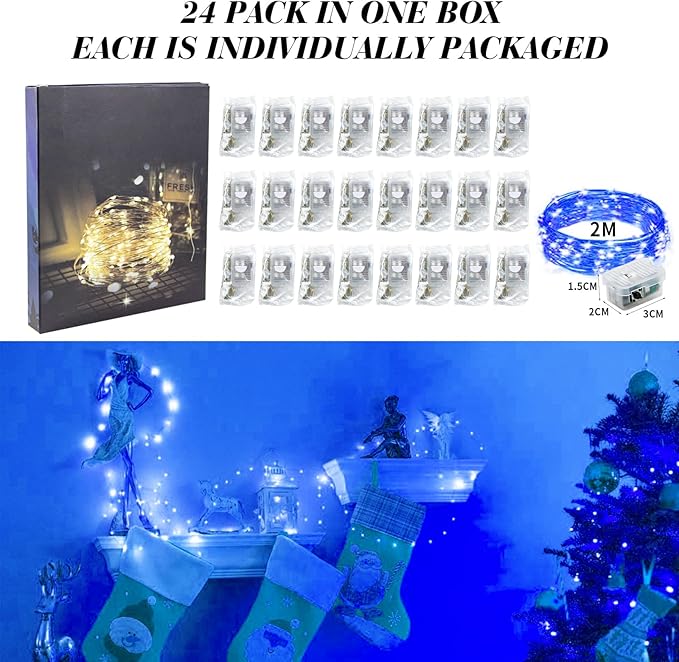 ZGWJ 24 Pack Fairy Lights Battery Operated, 7FT 20LED Mini Fairy String Lights Silver Wire 3 Modes for DIY, Parties, Wedding, Bedroom, Halloween Christmas Decoration- Blue