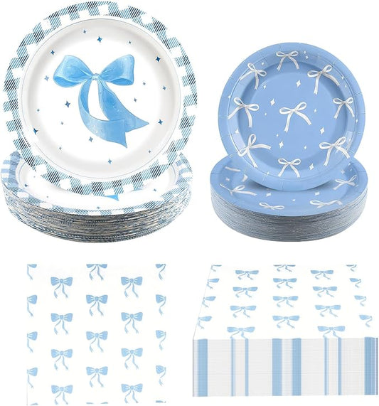 180Pcs Blue Bow Party Supplies Paper Plates and Napkins Serve 60 Disposable Tableware Set for Birthday Party Decorations Game Day Family Holiday Sports Events