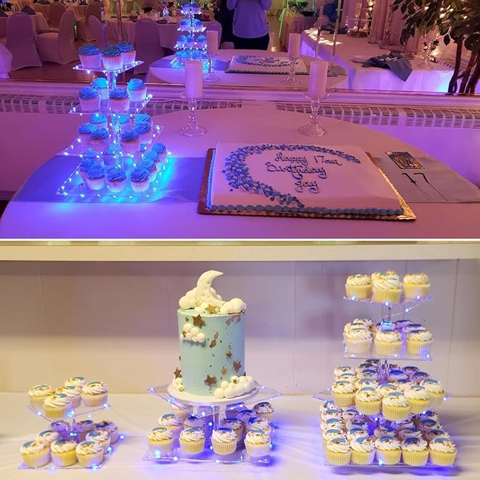 Cupcake Stand, 4 Tier Cupcake Holder, Light Up Cupcake Stand for 50 Cupcakes, Square Cupcake Tower, Dessert Table Display Set for Weddings, Christmas, Birthday Parties (Blue Light)