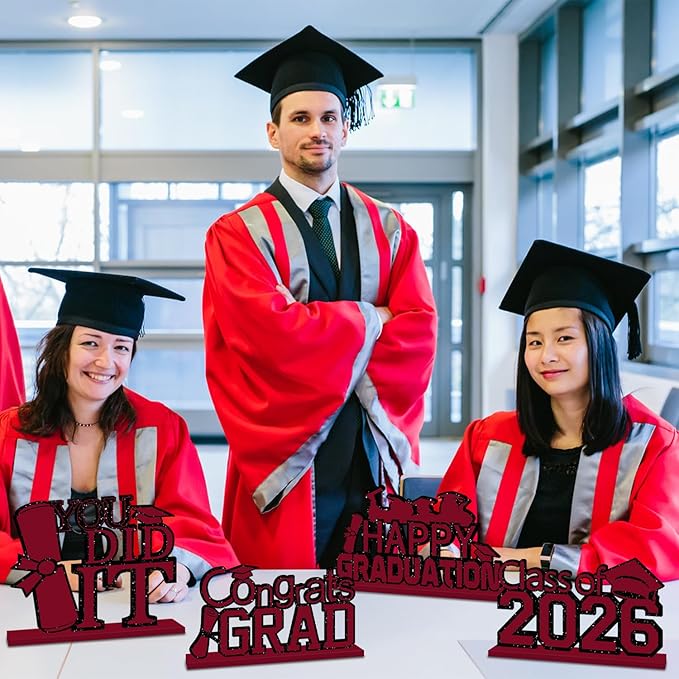 4Pcs Maroon and Black Graduation Decorations Class of 2026 Congrats Grad Wooden Table Centerpieces Grad Table Toppers Congratulate Tiered Tray Decor for 2026 Graduation Decorations