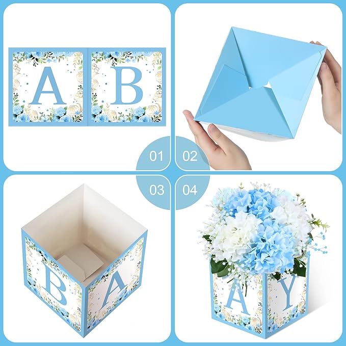 Bucherry 6 Pcs Baby Shower Centerpieces with Letters, 7" Baby Blocks Flower Boxes for Table Decorations, Gender Reveal Party Supplies & Photo Props(Blue,Blue Floral)