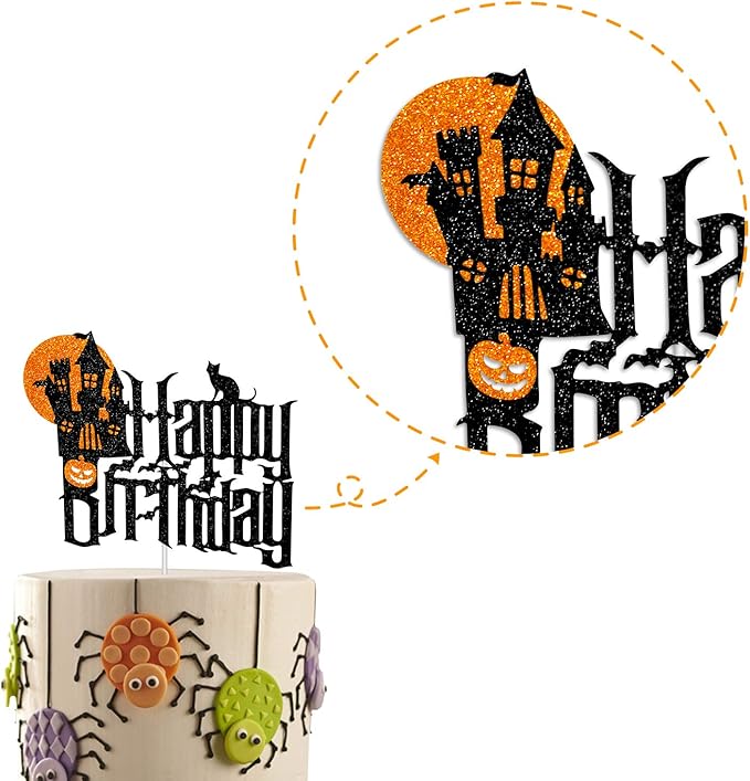 Halloween Birthday Cartoon Cake Topper with Spooky Haunted House Black Glitter Cake Decorations for Halloween Scary Theme Party Decor Supplies