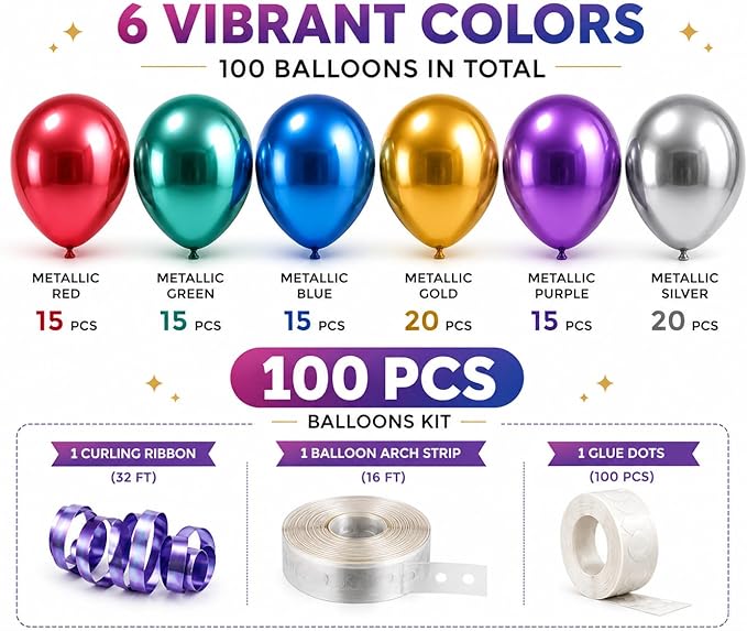 Chrome Metallic Balloons 12 Inch – 100 Pack Assorted Multicolor Latex Balloons for Balloon Arch, Birthday Party, Baby Shower, Wedding Decorations with Ribbon & Glue Dots